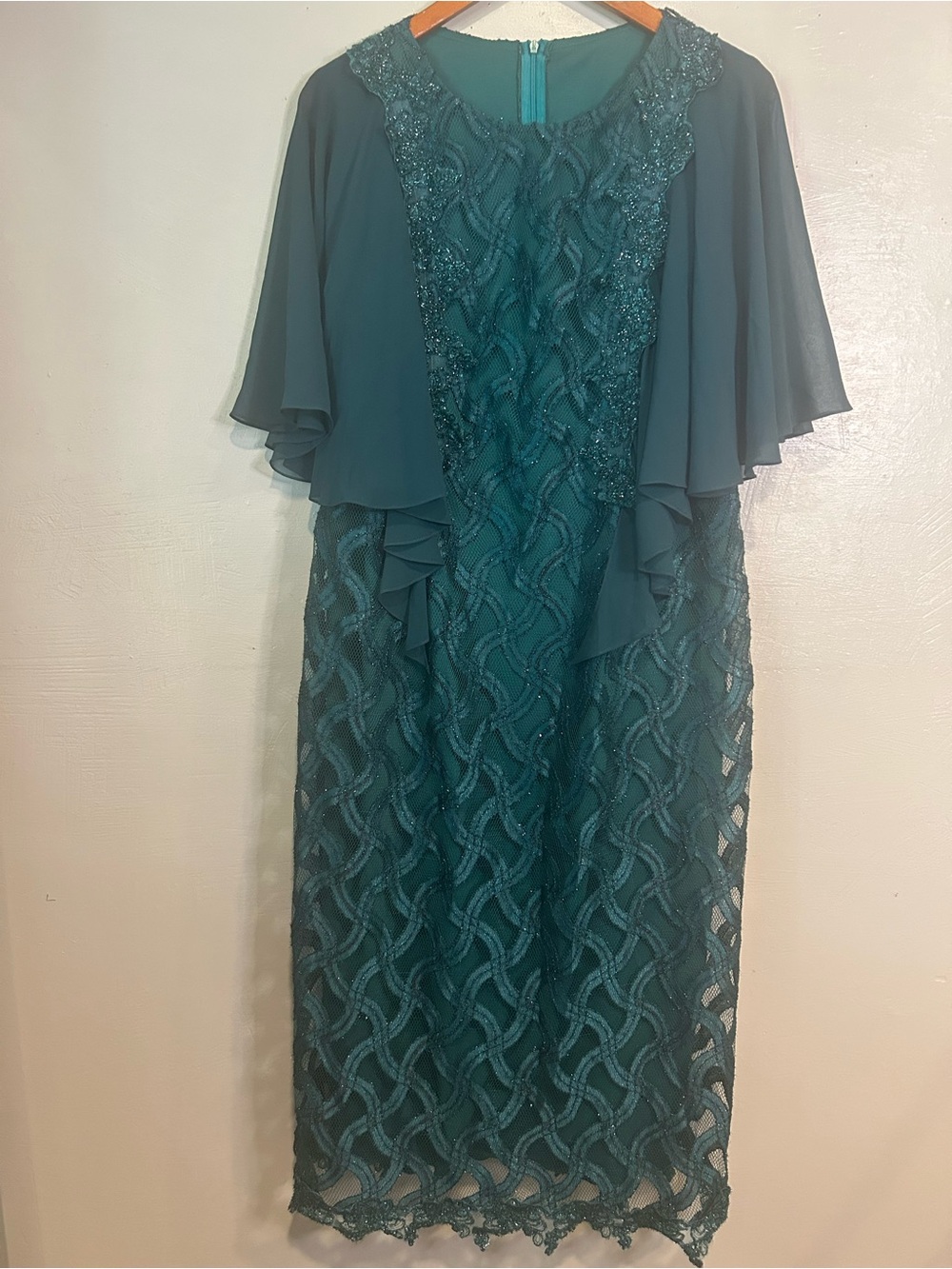 Beaded Teal Midi Dress with Chiffon Capelet